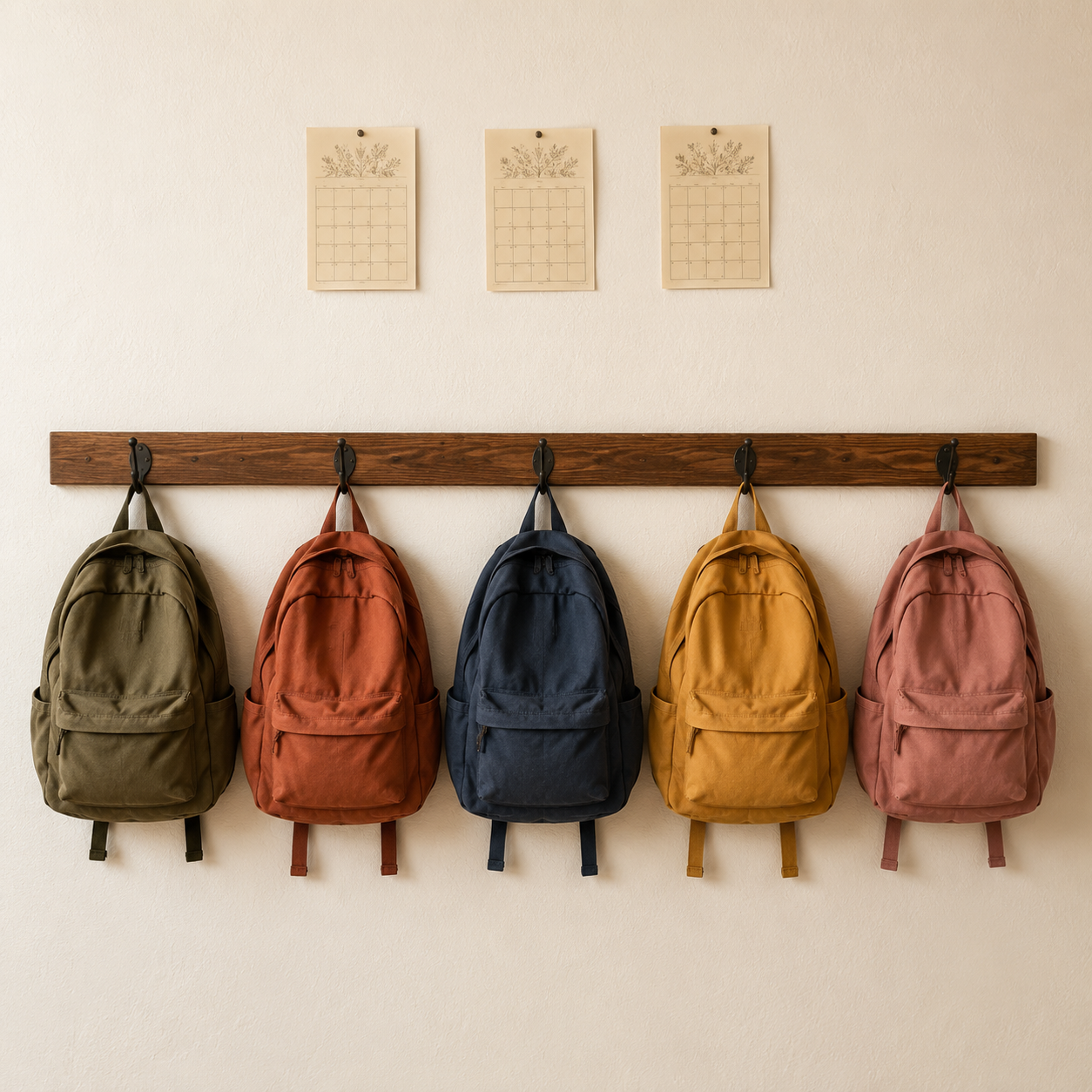 Long stained backpack rack with five evenly spaced hooks